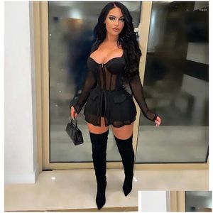 Kvinnor Tracksuits Wuhe Sheer Mesh Zipper Front Corset Jacket Set Two-Piece Outfits Fashion Pocket Detales Work Suit Y Clubwear Drop de Dhn70