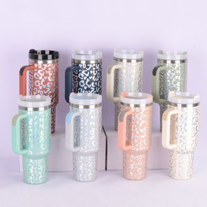 H2.0 40oz pulverbelagd leopardtryck Tumbler Hot Silver Print BPA Gratis rostfritt stål isolerat resekopp med avtagbart handtag, sålt av fall