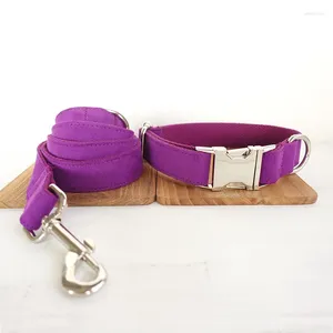 Dog Collars Purple Collar And Leash Set With Bow Tie For Big Small Cotton Fabric Metal Buckle