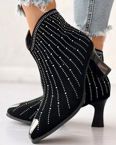 Womens Decor 517 Chunky Heel Women Rhinestone Ankle Boots Shine Short Botas Side Zippointed Toe 240407