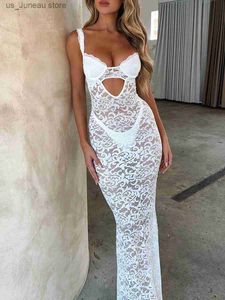 Basic Casual Dresses S Through Lace Holiday Party Dress White Hollow Out Dp V Backless Long Dresses Sexy Outfits for Women T240412