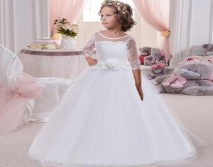 Girls Princess Pageant Evening Party Long Dress First Communion Dresses Elegant White Flower Girls Dress Cuffy Vestido Comunion5240125