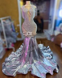 Sparkly Silver Diamond Prom Formal Dresses for Women 2024 Luxury Crystal Tassel Long Mermaid Evening Gowns vestido festa