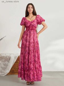 Vestidos casuais básicos Spring Moda Flowy Smocked Maxi Dress Chiffon Puff Slve Swtheart Y2K Floral Boho Sumressres de verão para mulheres T240412