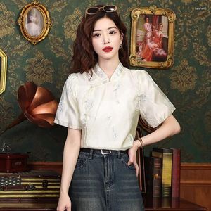Bloups feminina Chiffon Chinês Camisa de estilo de verão Vintage Roupas de bordados soltos mangas curtas Mulheres tops ycmyunyan