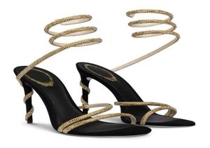 유명한 섹시한 renes Margot Jewel Sandals Shoes Crystal Spiral Ankle Strap Caovill Lady Sandalias Glitter 단독 하이힐 파티 웨딩 Box3516548