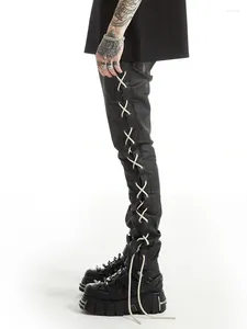 Erkek pantolon moda bağcısı siyah kaplamalı balmumu kot pantolonlar erkekler için ince cadde koyu avant garde trend