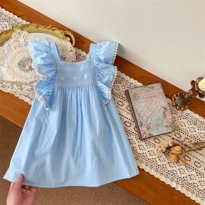 Girls Vestidos Kids Clothes Girl Hand-embroidered Dress Summer Dresses Blue Princess Girl Dresses Petal Sleeve Dress For Girls 240329