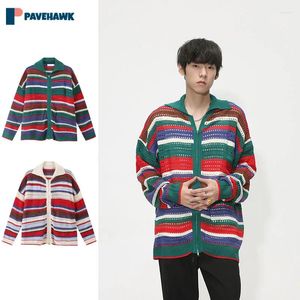 Men's Sweaters Knitwear Hollow Out Sweater Cardigan Man Woman Casual Autumn Korean Loose Unisex Japanese Striped Color Block Coats