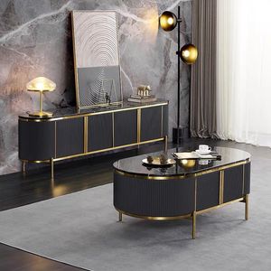 Kreativer hölzerner Tee Tisch Ovaler Aufbewahrungsschrank schwarzer Marmor Arbeitsplatte Wohnzimmer Möbel Luxus Couchtisch TV Stand Sets