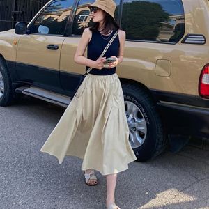 Skirts Design Buttons Pockets Umbrella Skirt For Women Japan And Korea Fashion Retro Lazy Style A Line Mid-length Long