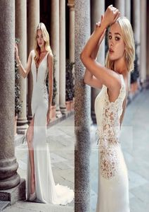 Moderne Hülle schlanke griechische Hochzeitskleider sexy Deep V Neck Boho vorne mit Split Perlen -Brautkleidern Custom 20184359615