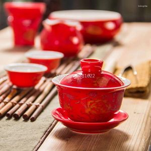 Cups Saucers 80ML Red Teapot Ceramics Gai Wan Tea China Kungfu Sets Pot Porcelain Wedding Banquet Beautiful Kettle Gifts D007