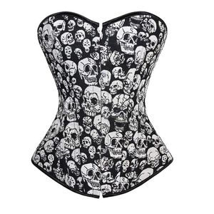 Korsett Underbust Plus Größe Bustier Skull Druck Burlesque Kostüm Halloween Muster Top Dessous Vintage Kleidung Schwarz