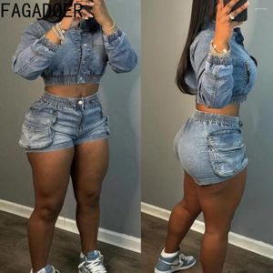 Frauen Tracksuits Fagadoer Fashion Denim Elastic Pocket Shorts Zwei -Stück -Sets Women Button Long Sleeve Crop Top und Outfits Weibliche Kleidung