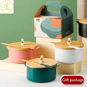 Bowls Gift Package 1pcs Ceramic Double Ear Bowl Set With Chopsticks And Wodden Cover Lunch Dishes Soup Ramen Dessert Tableware