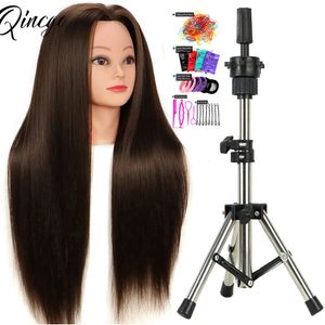 Cabeças de manequim de 65 cm com cabelo sintético para treinamento de cabelo Solon Hairdresser Dummy Dusm Heads para Practice Hairstyles 240403