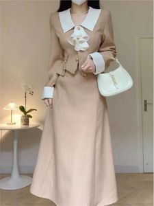 Kvinnor doftande stil lapel blazer kostym kappa wrap midi kjol ol set vintage slips halva två bitar 240412