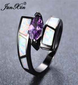 JUNXIN Boho Female Male WhiteBlue Fire Opal Rings For Women Black Gold Filled Pink Purple Zircon Marquise Ring Wedding Jewelry5183965