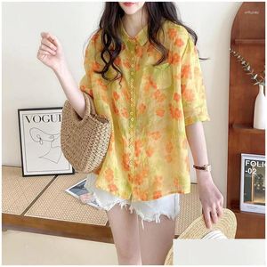 Blouses Womens Botões de impressão de moda floral de moda floral casual casual doce estilo jovem colarinho de meia manga 2023 dhrmt