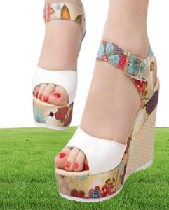 Moda letnia kobiety rybki usta sandałowy bohemian muffin buty na pięcie wzgórza wysoka platforma kobieta klin sandały 4875032