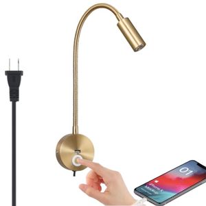 Tokili Golden Wall Lamp Bedroom USB Charger Touch On/Off/Dimmer Bendable Spotlight Sconce Cama cabeceira de cabeceira de ganso de leitura luz