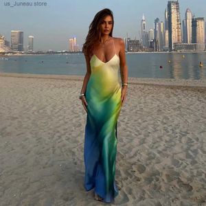 Basic Casual Dresses hirigin Sexy Satin Print Maxi Bodycon Beach Dress Women Summer Backless Dye Tie Elegant Party Dresses Holiday Outfits T240412