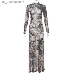 Basic Casual Dresses Gtpdpllt Vintage Printed Sexy Mesh Dress Autumn S Through Long Slve Maxi Dresses For Women 2023 Strtwear Y2k Clothing 1 T240415