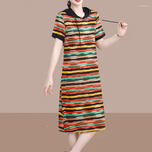 Sukienki imprezowe swobodny sznurka z kapturem sukienka midi 2024 Stylowa kolorowa kolorowa odzież żeńska kontrastowe kolory krótkie rękaw