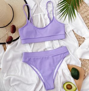 Żebrowane dwuczęściowe garnitury 2024 Seksowne bikini zestaw wysokiej talii plisowany falujący neonowy strój kąpielowy bandaż na plaży Monokini Squywear Push Up kostium kąpielowy Biquinis S m l