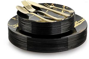 Disposable Dinnerware 225pcs Black Gold Plastic Plates Set Include 25 Dinner Dessert Silverware