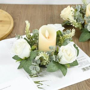 Party Decoration Artificial Rose Wreath Candle Ring Decorations Greenery Engagement Wedding Table Centerpiece Decor