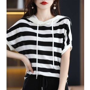 Striped Wool T-Shirt Women's Short Sleeved 2023 Spring/Summer New Women's Loose And Slimming Short Hooded Top Wholesale