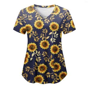 Women's T Shirts Uniform Women Sunflower Floral Print Top Sanitary Scrubs Workwear Operating Working