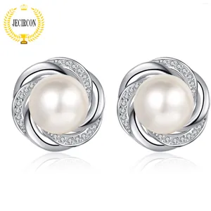 Stud Earrings JECIRCON 925 Sterling Silver Plum Blossom For Women Mini Moissanite 8MM Freshwater Pearl PT950 Platinum Jewelry