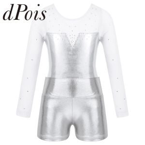 Shorts Kids Metallic Long Sleeve Ballet Gymnastics Leotard with Shorts Ballerina Gymnastic Bodysuit for Girl Performance Dance Jumpsuit