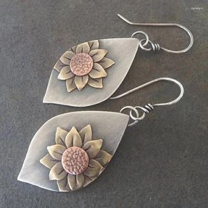 Dangle Earrings Vintage Ethnic Sunflower Drop Handmade Jewelry Antique Metal Gold Color Petals For Women Gift