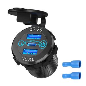 12V/24V USB C Car Charger Socket Dual QC3.0 PD Fast Car Charging Power Outlet with Touch Switch for Car Motorcycle Marine RV