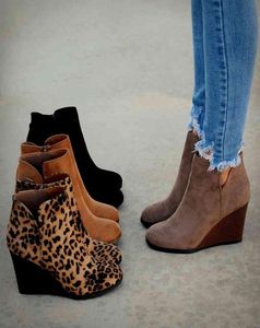 Pointed Toe Booties Winter Women Leopard Ankle Boots Lace Up Footwear Platform High Heels Wedges Shoes Woman Bota Feminina X04245427604