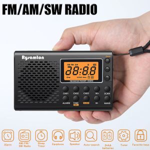 Rádio portátil Mini Full Band Radio Pocket Pocket FM/AM/SW Rádio Telescópica Antena com LCD Display/Alarm Clock/fone de ouvido para ancião