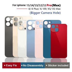 OEM Quality Big Hole Back Glass Housings for iPhone 15 14 13 12 11 Pro Max Plus SE MINI X XR XSバッテリーリアカバーハウジング付きステッカー付き