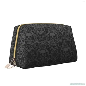 Bolsas de cosméticos Gothic Black Skull Damasco Mulheres Bolsa de Couro de Grande Capacidade de Hanfoniletria à prova d'água Portátil Maquiagem de viagem casual