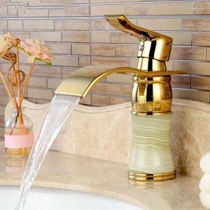 Bathroom Sink Faucets Gold Basin Solid Brass & Jade Mixer Cold Single Handle Deck Mounted Lavatory Waterfall Taps
