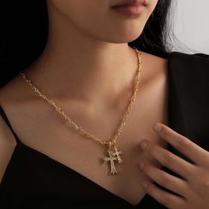 double cross necklace for women and men, 14k gold plated Gothic double