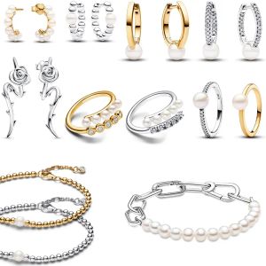 2024 925 Sterling Silver Chain Armband Halsband Fashion Pearl Hoop Earring For Women Fine Smycken Set Rose Ring Love Gift