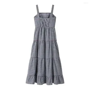 Casual Dresses Women Embroidered Dress Loose Cut Pleated Midi Lobster Plaid för A-Line Vacation Beach