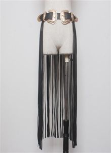 Fantastiskt långa fransbälte svarta designerbälten för kvinnor faux läder långa tofsar dubbel guldstift spännbältet på trendig x039580994