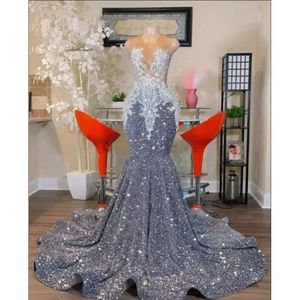 Glitter Sier Mermaid Prom Dresses Sheer Neck Applique Crystal Beaded Sequins Party Evening Gowns Robe