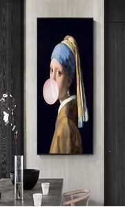 Girl with Pearl Earrings Famous Art Canvas Oil Painting Reproductions Girl Blow Pink Bubbles Wall Art Posters Picture Home Decor6662633