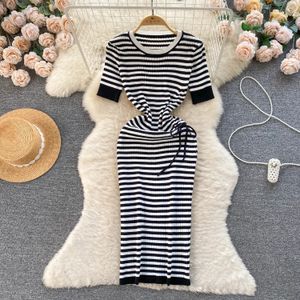 Womens Summer Office Dress Fashion Stripe Elatic Elatic Weist Treambed Barty Dresses Oneck Ladage Holiday Mini 240412